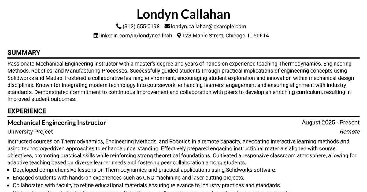33 Adjunct Instructor of Mechanical Engineering Resume Templates with Example 2026 (ATS-Optimized)