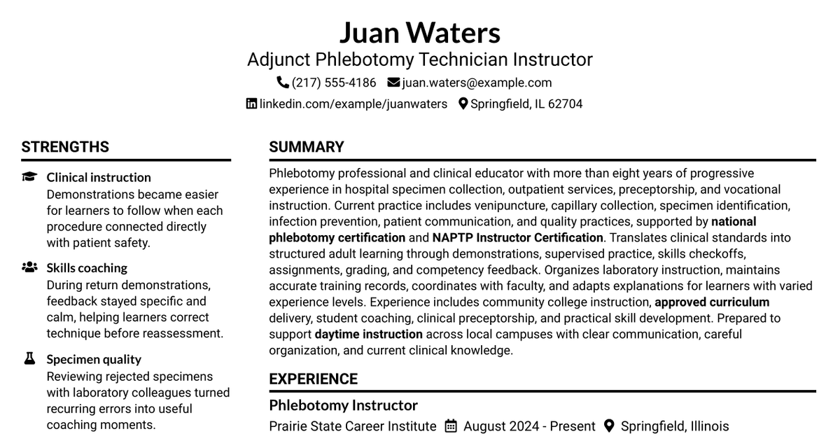 7 Adjunct Phlebotomy Technician Instructor Resume Templates with Example