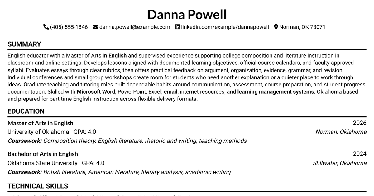 7 Adjunct Professor for English Resume Templates with Example