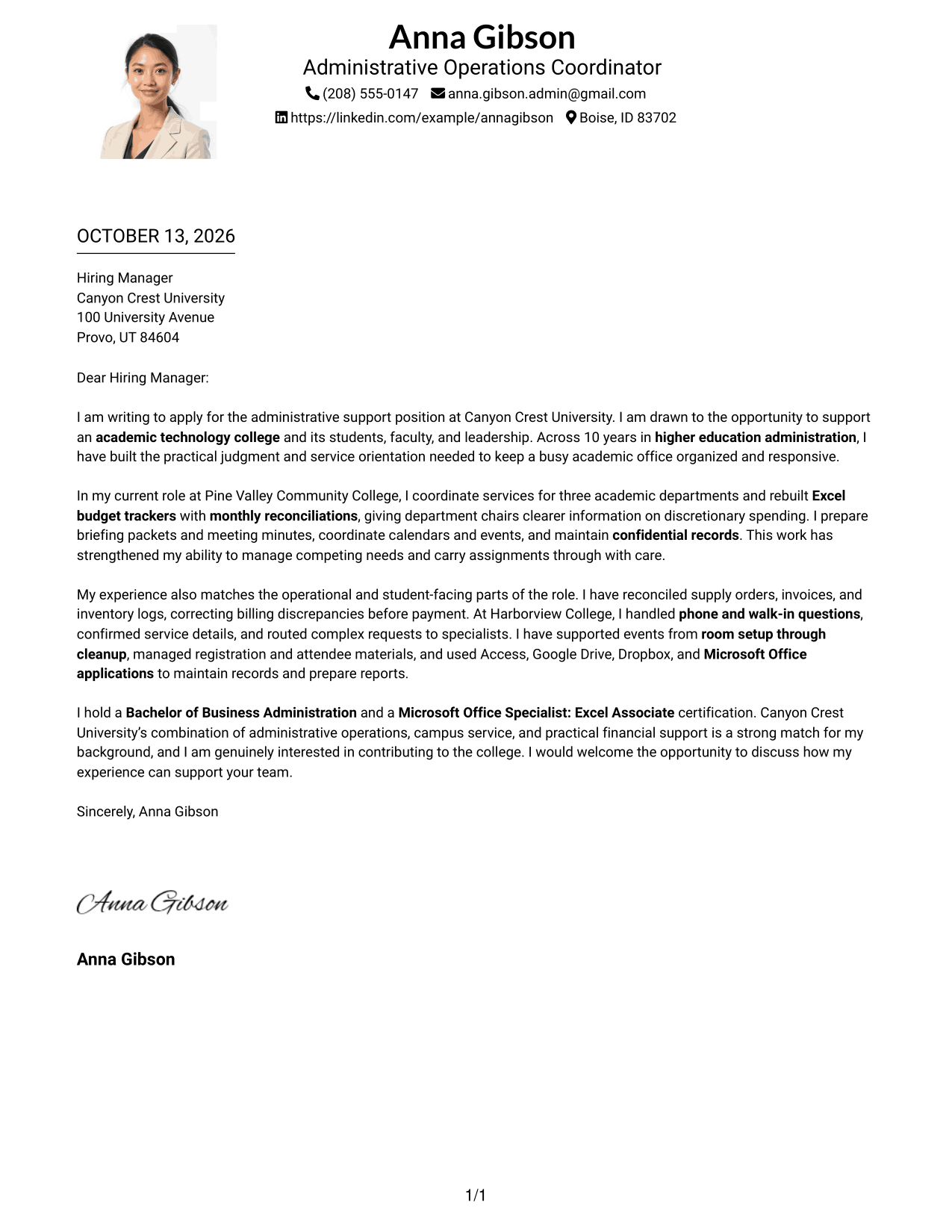Cover Letter Example Page 1