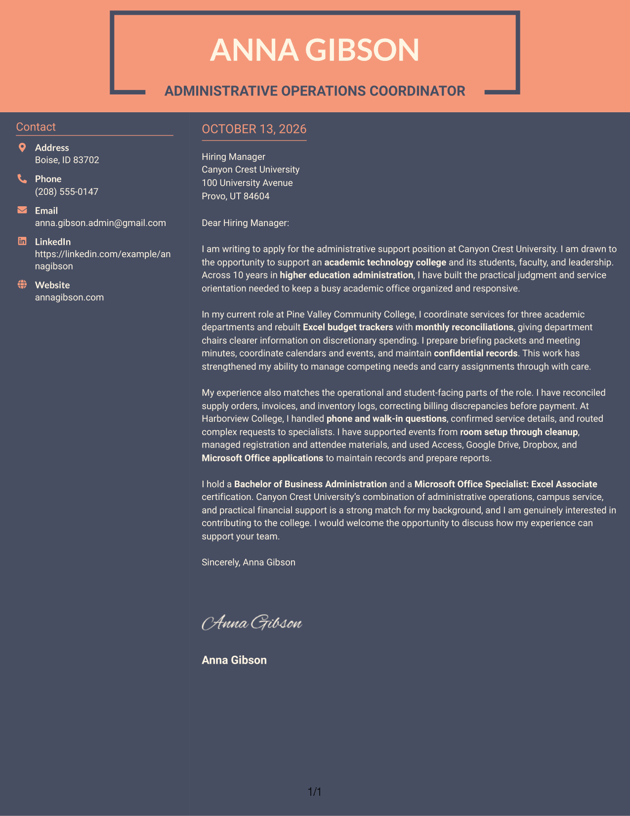 Cover Letter Example Page 1