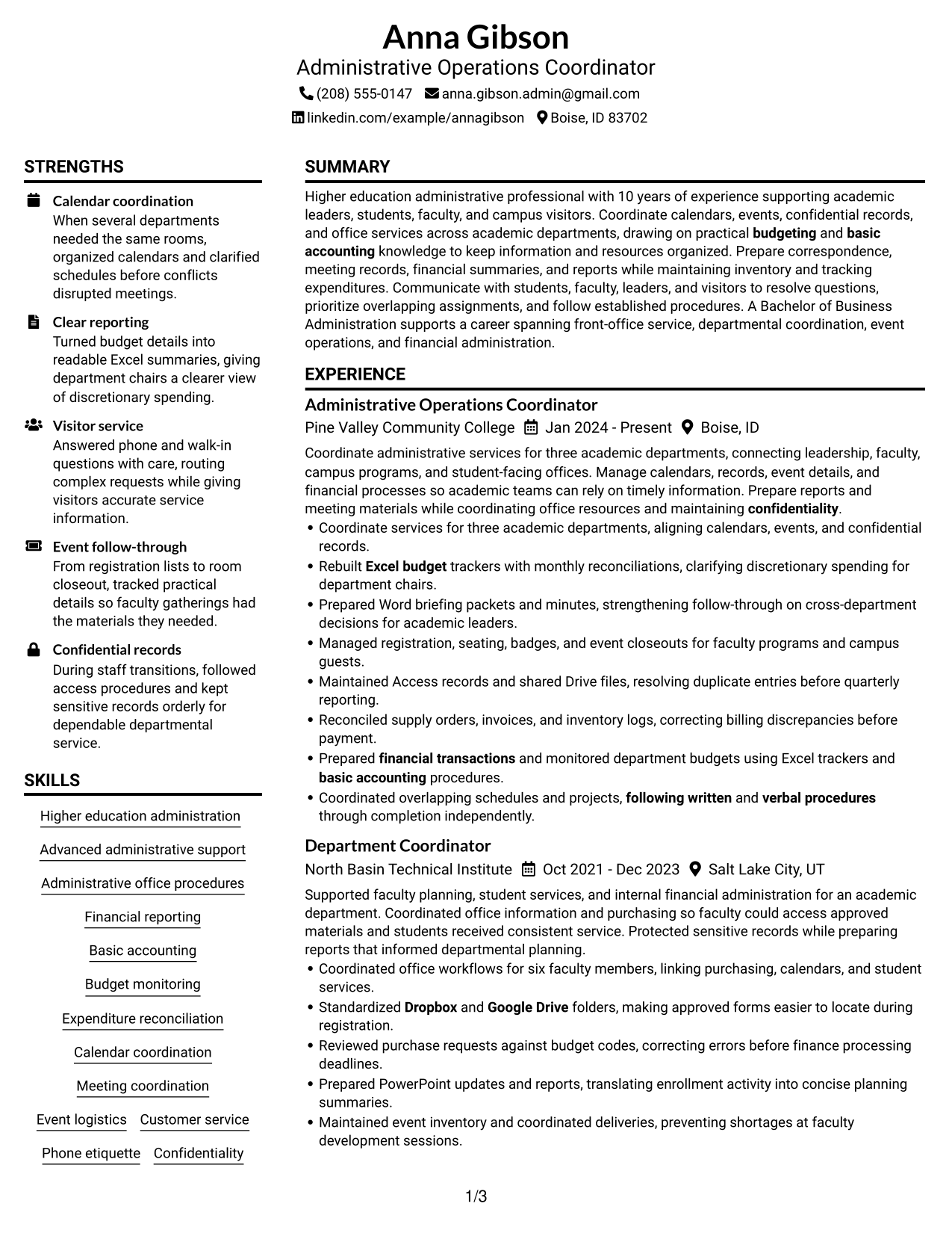 Resume Example Page 1