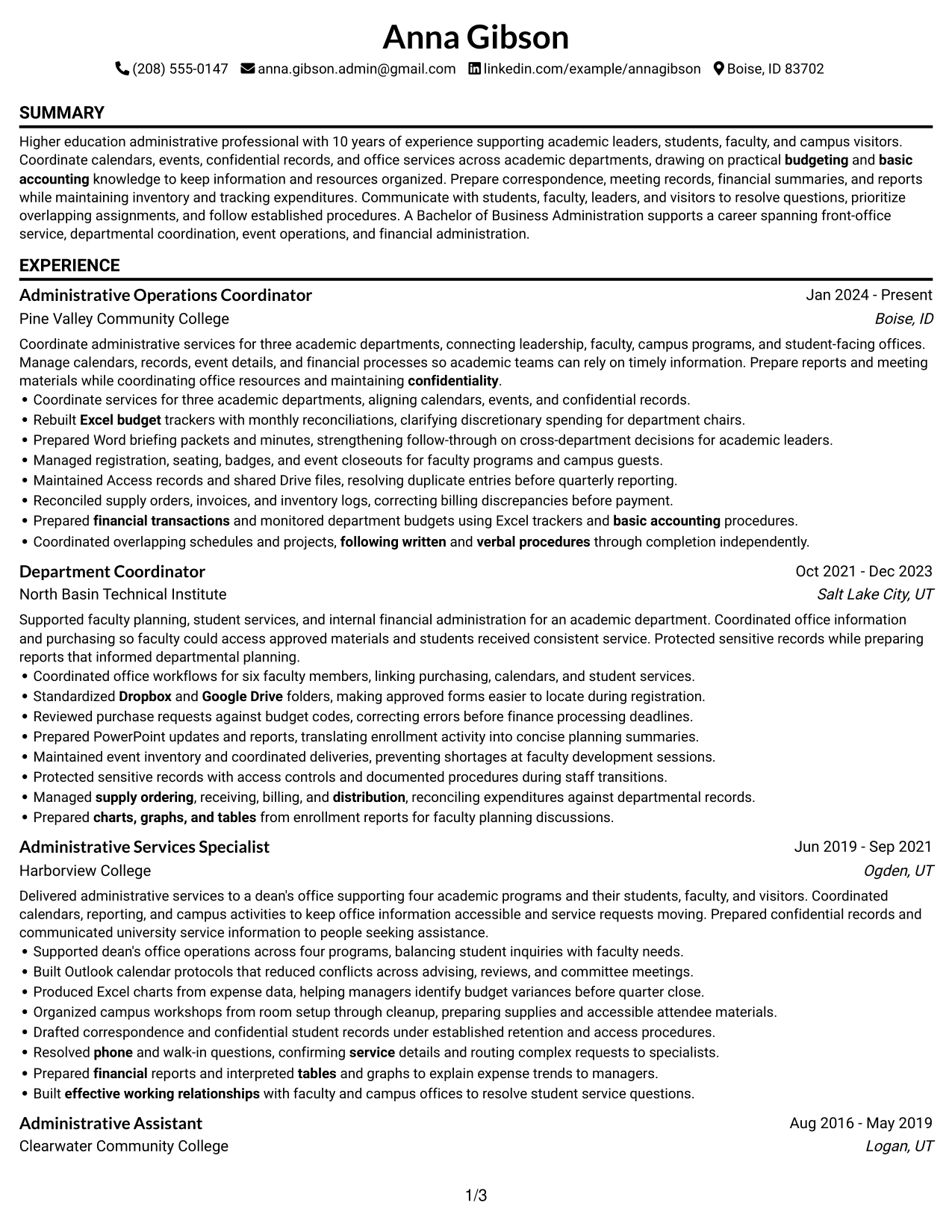 Resume Example Page 1