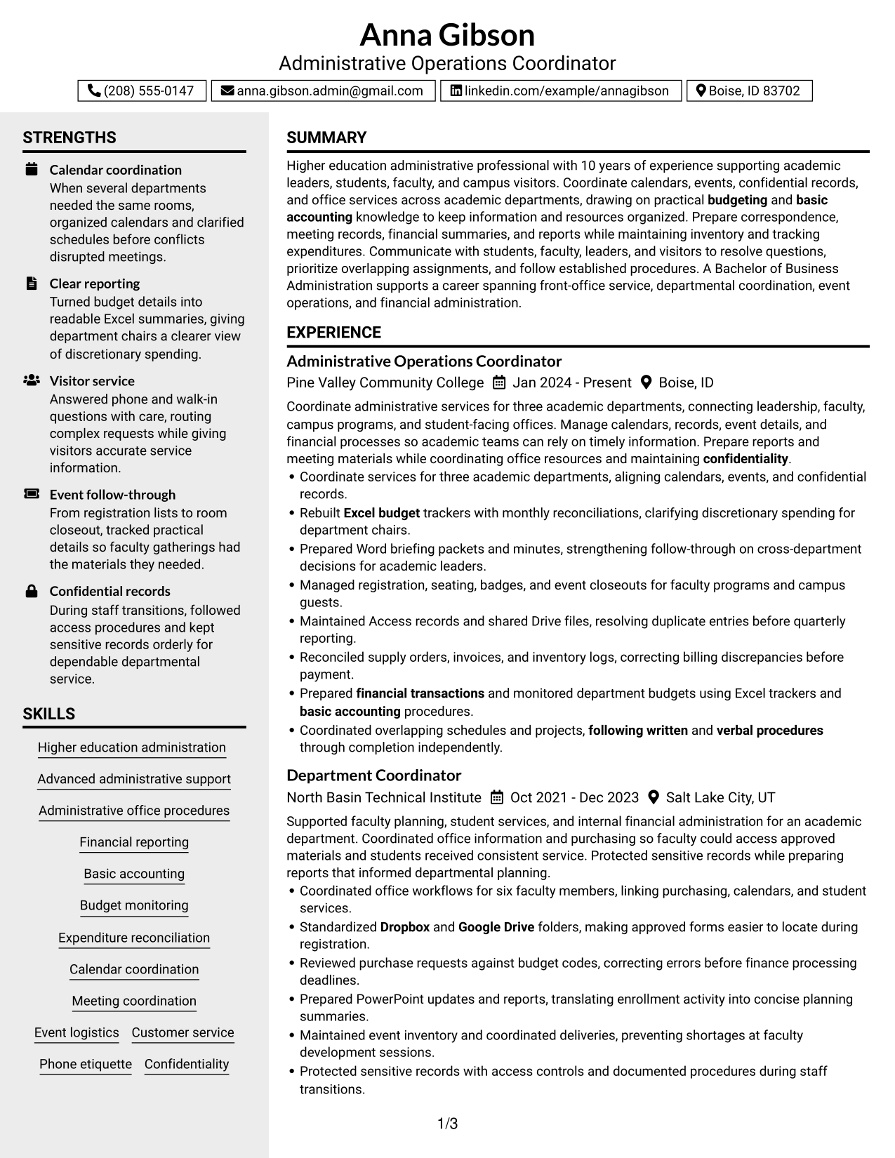 Resume Example Page 1