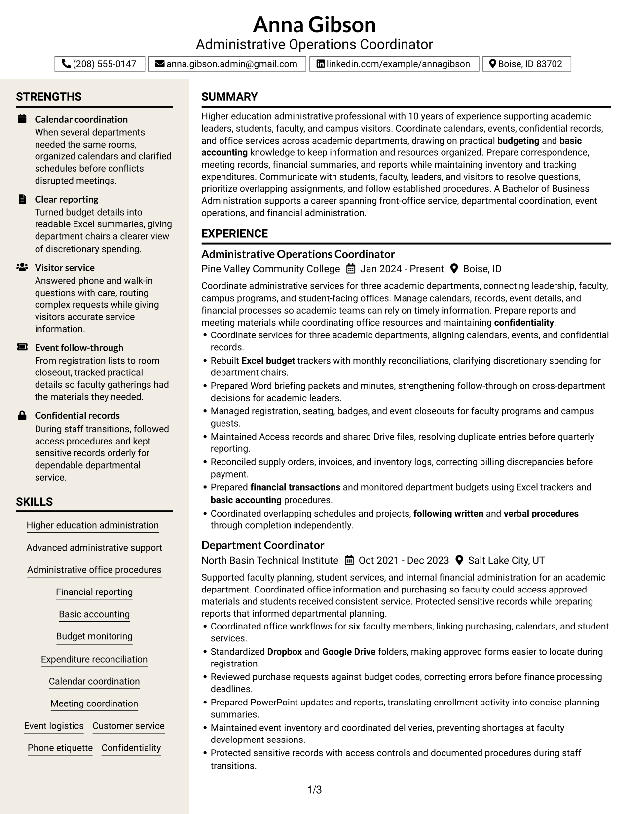 Resume Example Page 1