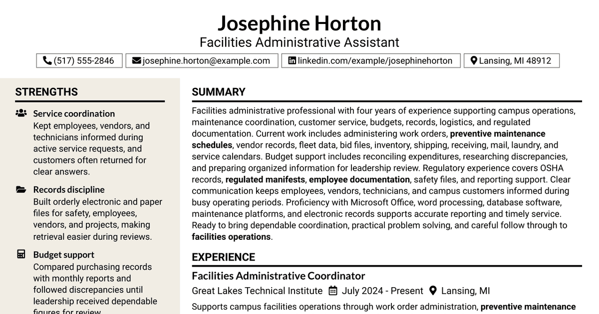 7 Administrative Assistant - Facilities Resume Templates with Example