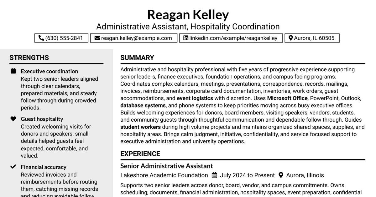 7 Administrative Assistant & Hospitality Coordinator Resume Templates with Example
