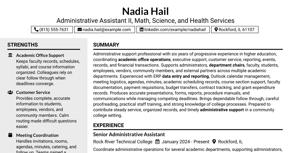 7 Administrative Assistant II - Math, Science, and Health Services Resume Templates with Example