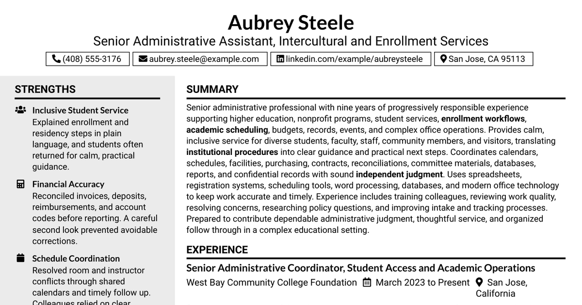7 Administrative Assistant, Senior - Intercultural/International Studies & Enrollment Services Resume Templates with Example