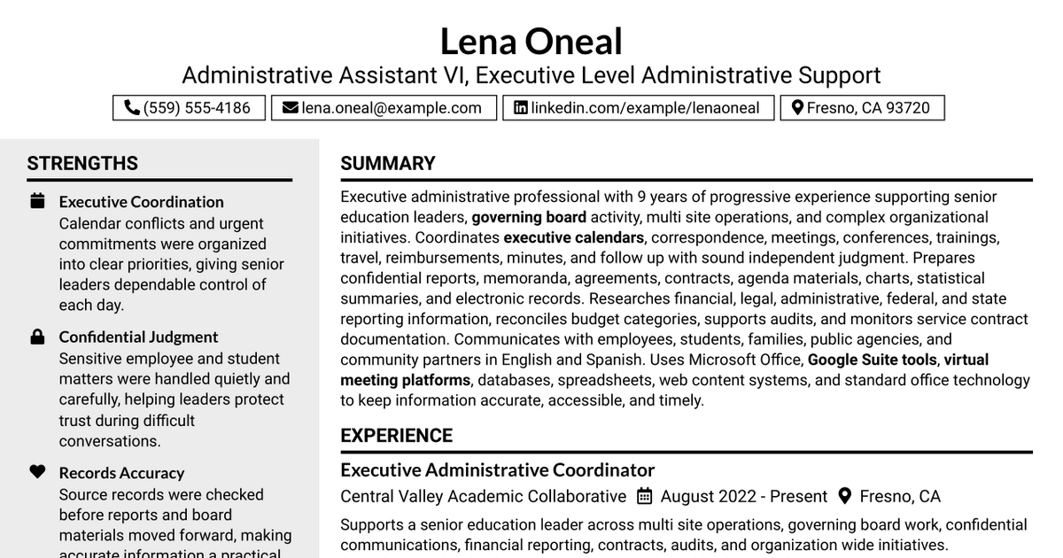 7 Administrative Assistant VI - Executive-Level Administrative Support Resume Templates with Example