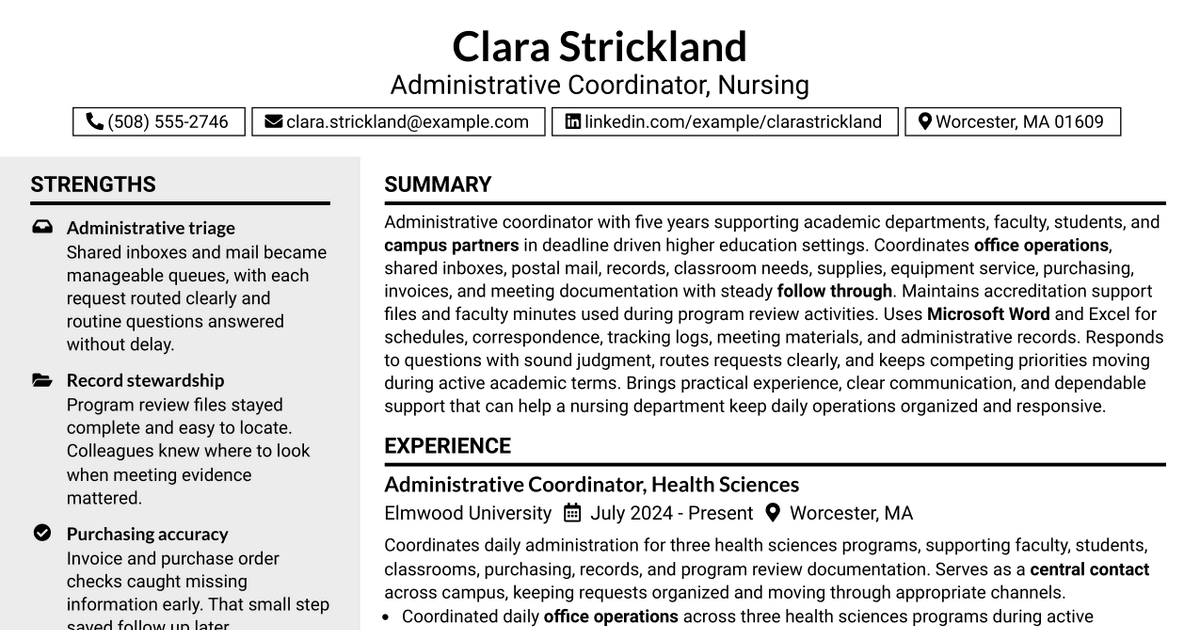 7 Administrative Coordinator for Nursing Resume Templates with Example