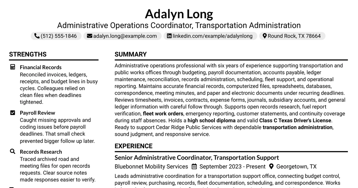33 Administrative Operations Coordinator - Transportation Administration Resume Templates with Example 2026 (ATS-Optimized)