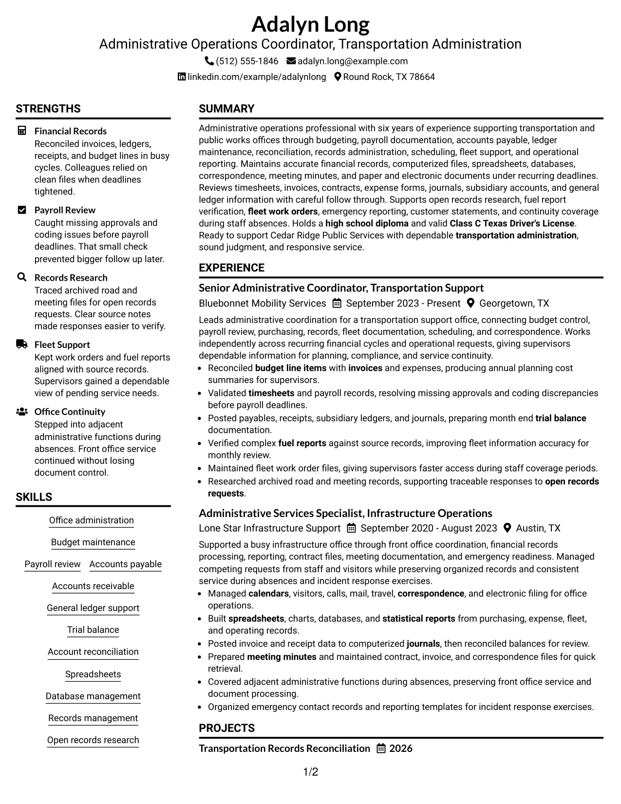 Resume Example Page 1