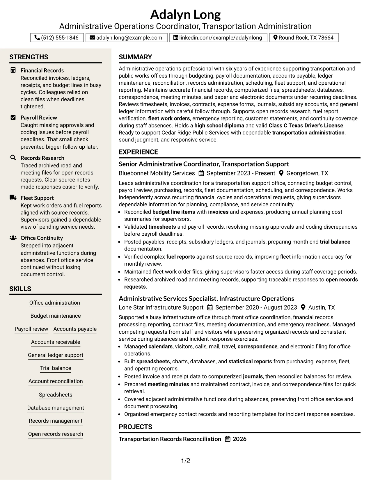 Resume Example Page 1
