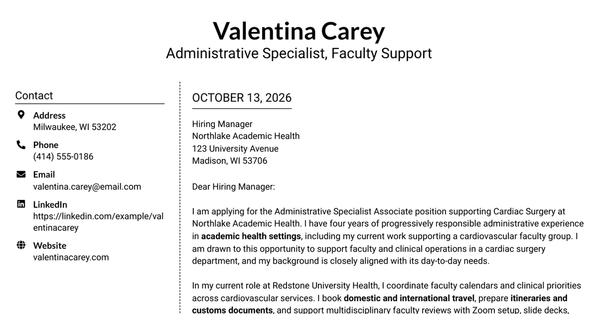 7 Administrative Specialist Associate - Cardiac Surgery Cover Letter Templates with Example