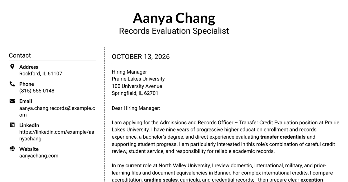 7 Admissions and Records Officer - Transfer Credit Evaluation Cover Letter Templates with Example