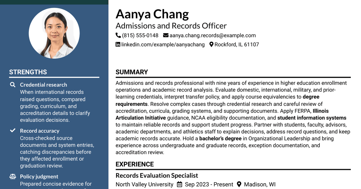 7 Admissions and Records Officer - Transfer Credit Evaluation Resume Templates with Example