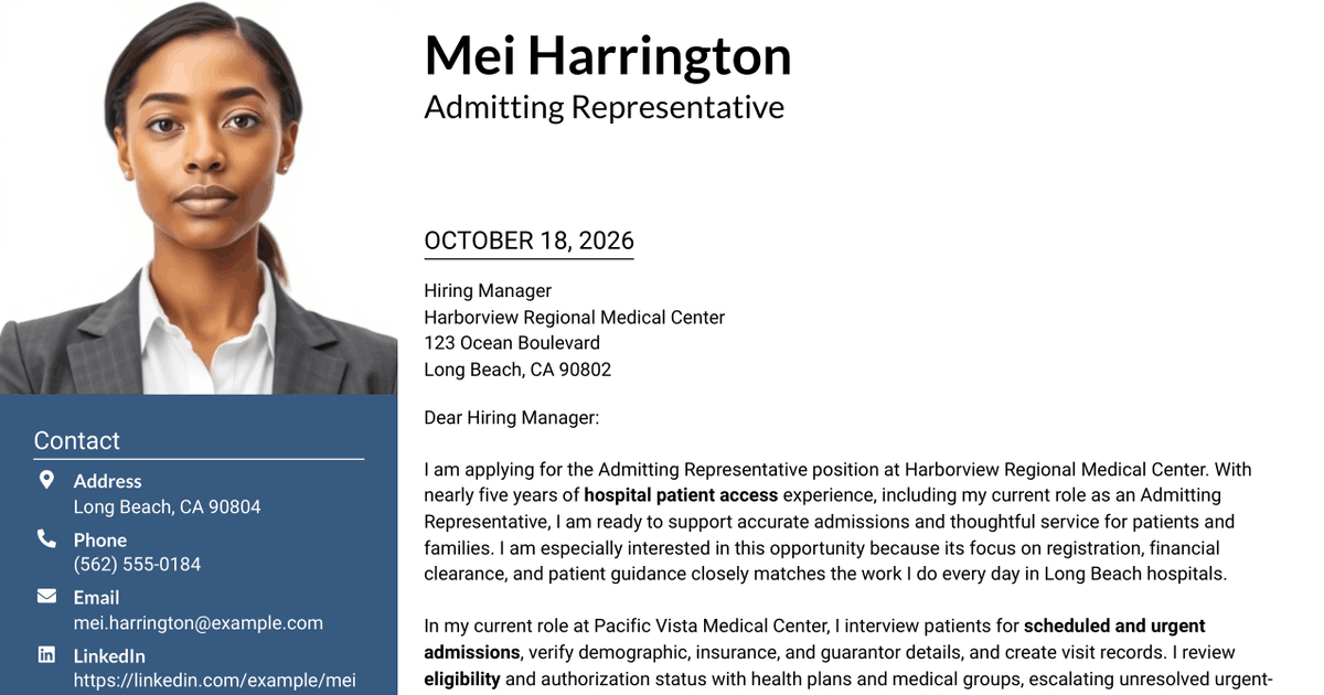7 Admitting Representative - Hospital Patient Access Cover Letter Templates with Example