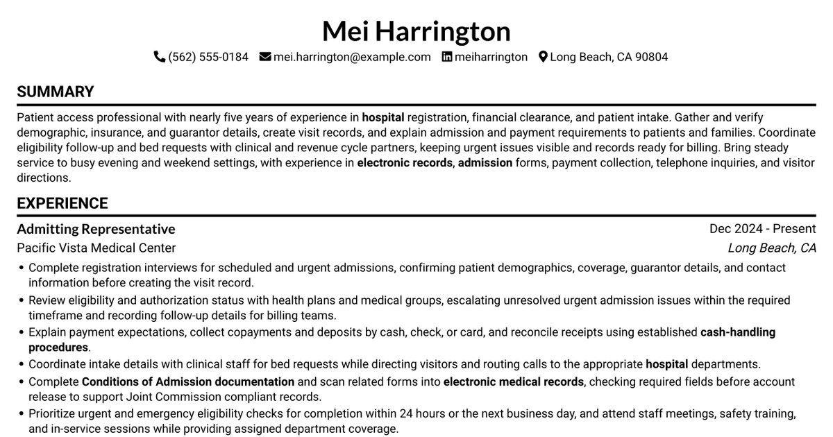 7 Admitting Representative - Hospital Patient Access Resume Templates with Example