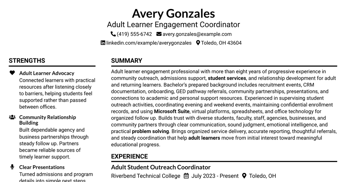 7 Adult Learner Engagement Coordinator Resume Templates with Example