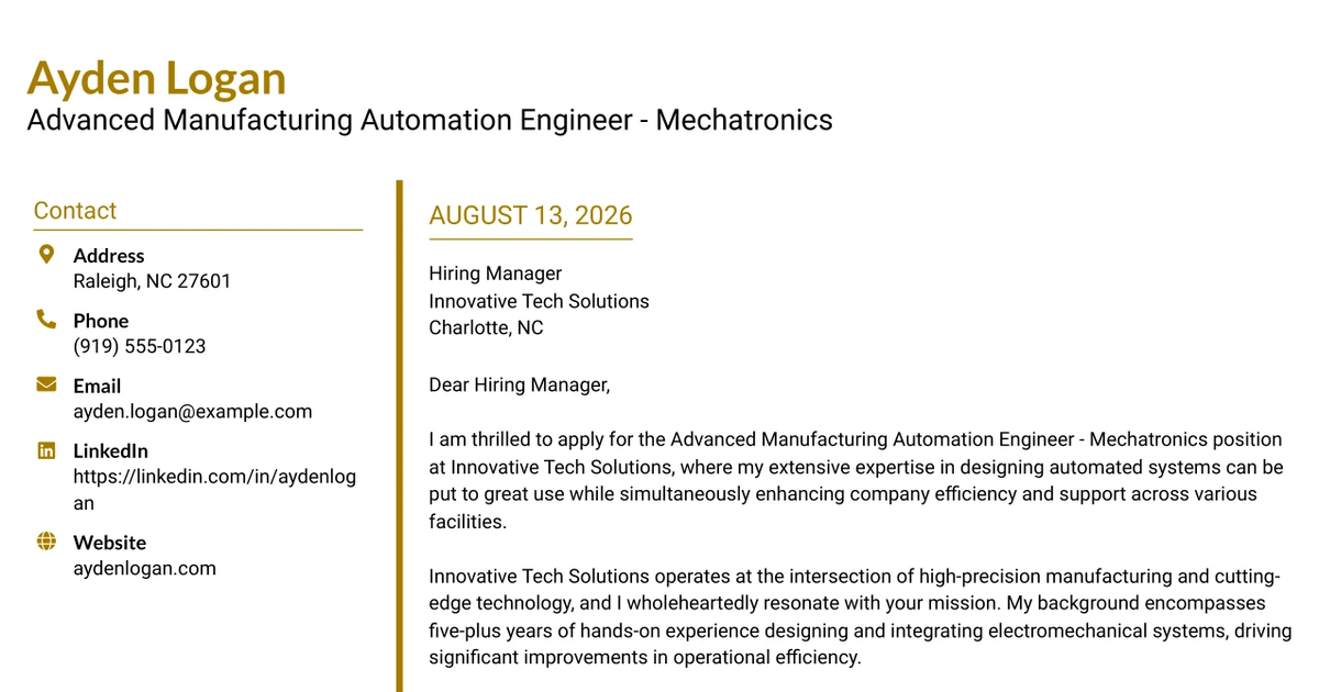 30+ Advanced Manufacturing Automation Engineer - Mechatronics Cover Letter Templates with Example 2026