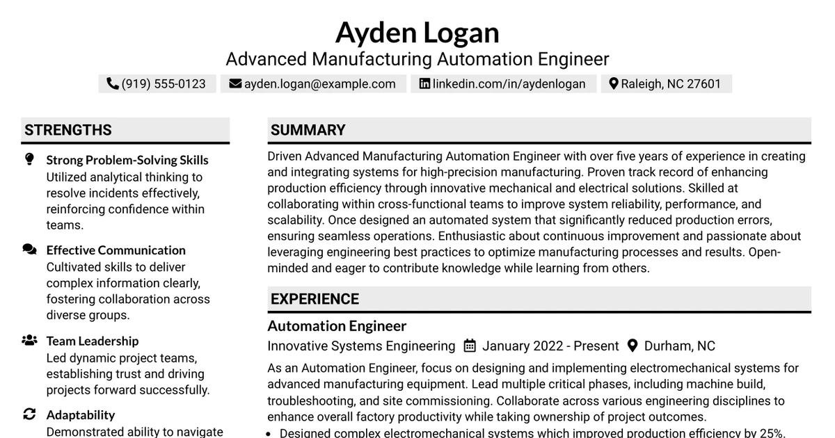 33 Advanced Manufacturing Automation Engineer - Mechatronics Resume Templates with Example 2026 (ATS-Optimized)