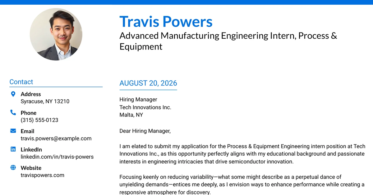 30+ Advanced Manufacturing Engineering Intern, Process & Equipment Cover Letter Templates with Example 2026