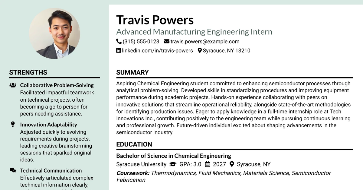 33 Advanced Manufacturing Engineering Intern, Process & Equipment Resume Templates with Example 2026 (ATS-Optimized)