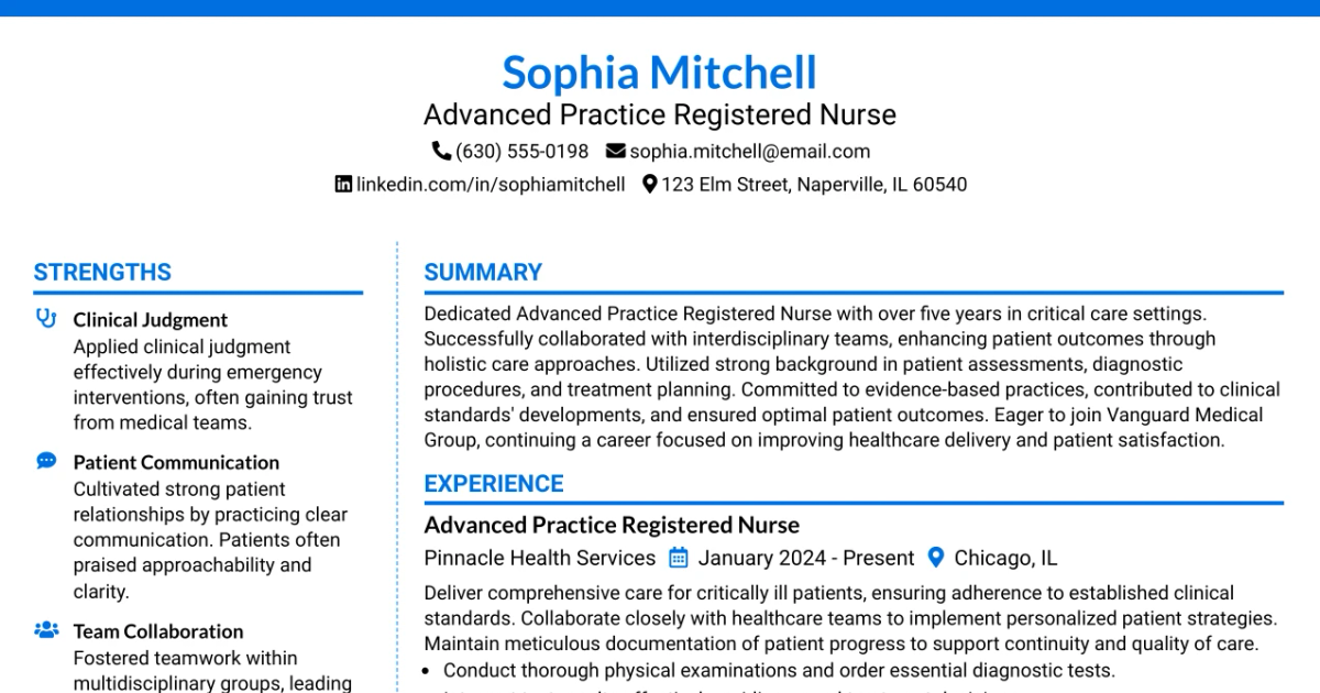 33 Advanced Practice Registered Nurse (APRN) - Critical Care Resume Templates with Example 2026