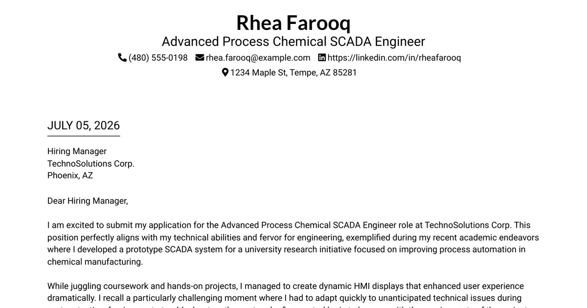 30+ Advanced Process Chemical SCADA Engineer Cover Letter Templates with Example 2026