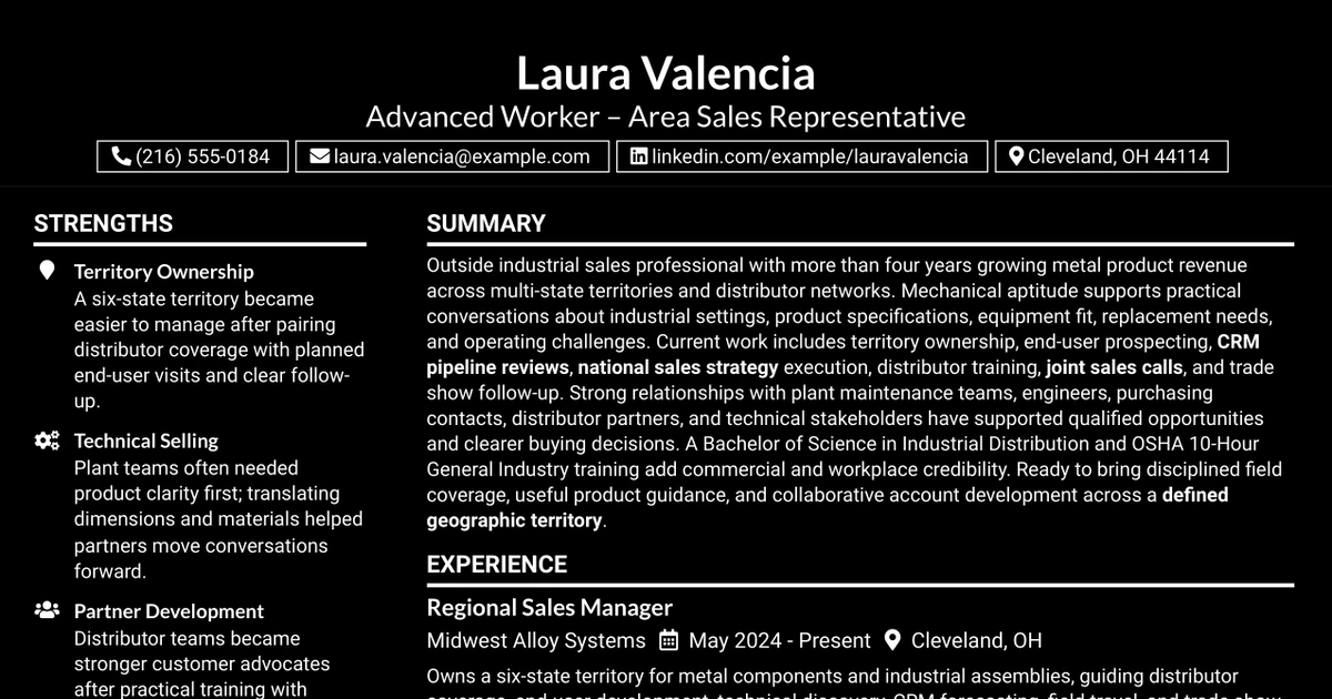 33 Advanced Worker – Area Sales Representative Resume Templates with Example 2026 (ATS-Optimized)
