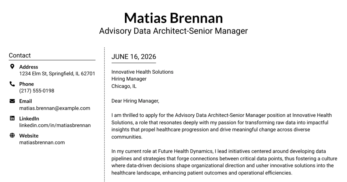 30+ Advisory Data Architect-Senior Manager Cover Letter Templates with Example 2026