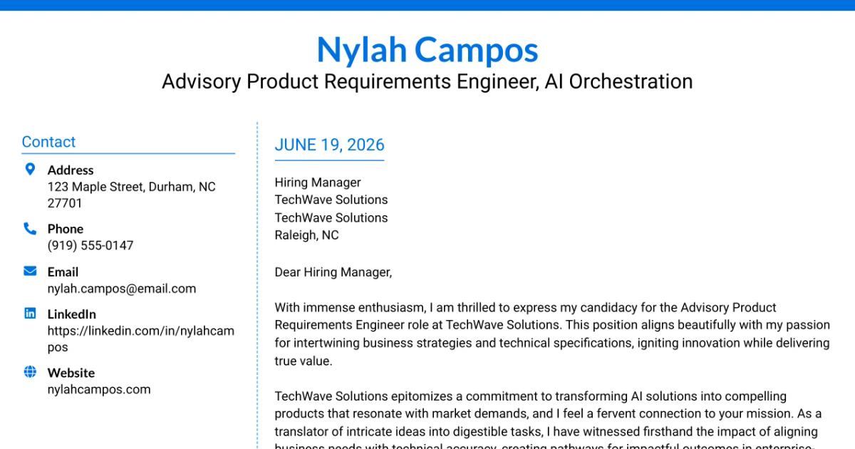30+ Advisory Product Requirements Engineer, AI Orchestration Cover Letter Templates with Example 2026
