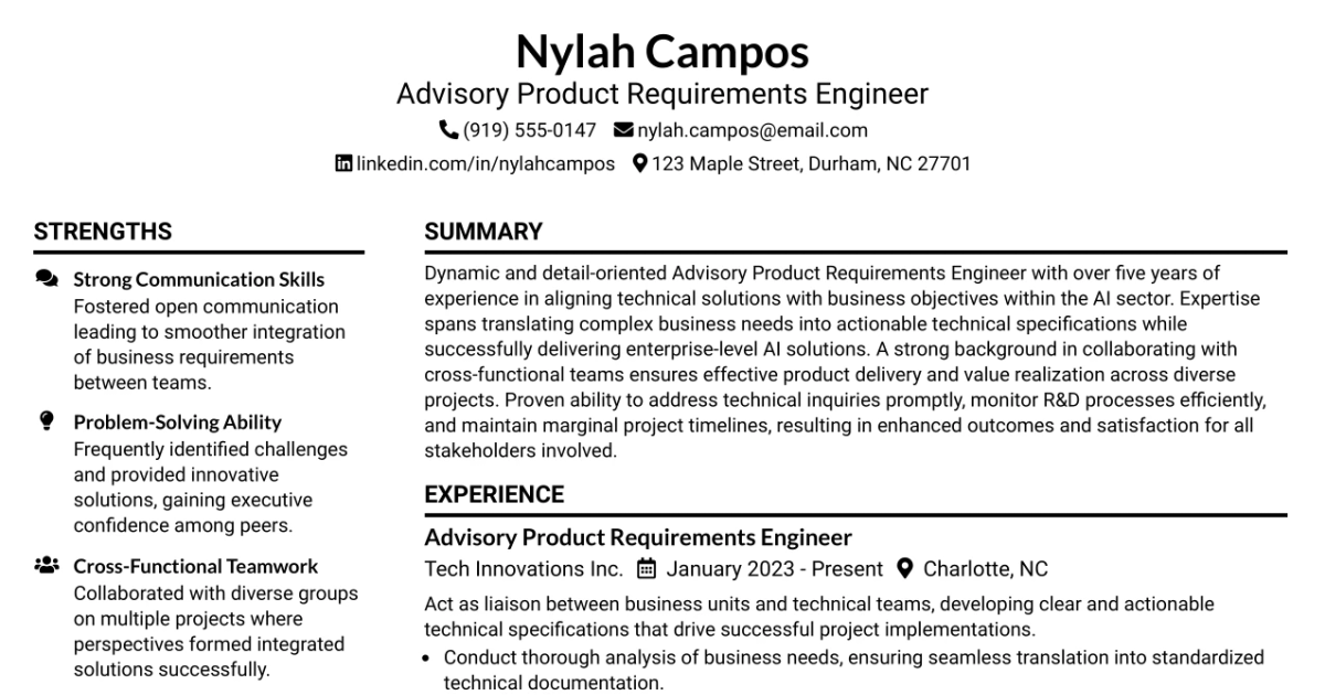 33 Advisory Product Requirements Engineer, AI Orchestration Resume Templates with Example 2026 (ATS-Optimized)
