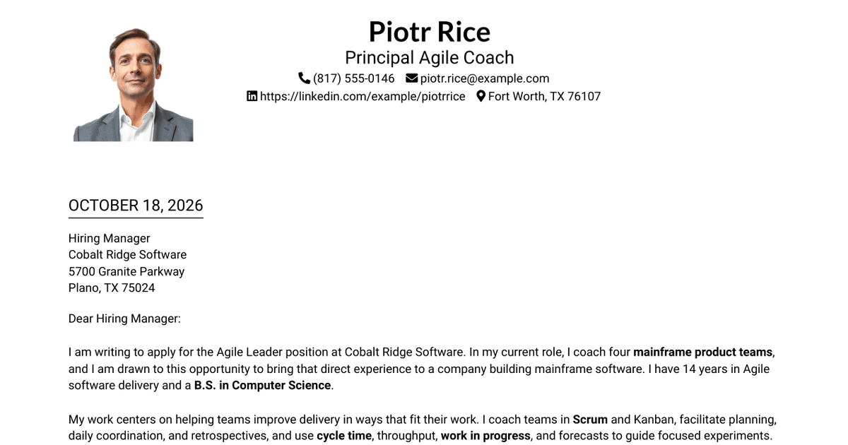 7 Agile Leader - Mainframe Software Development Cover Letter Templates with Example