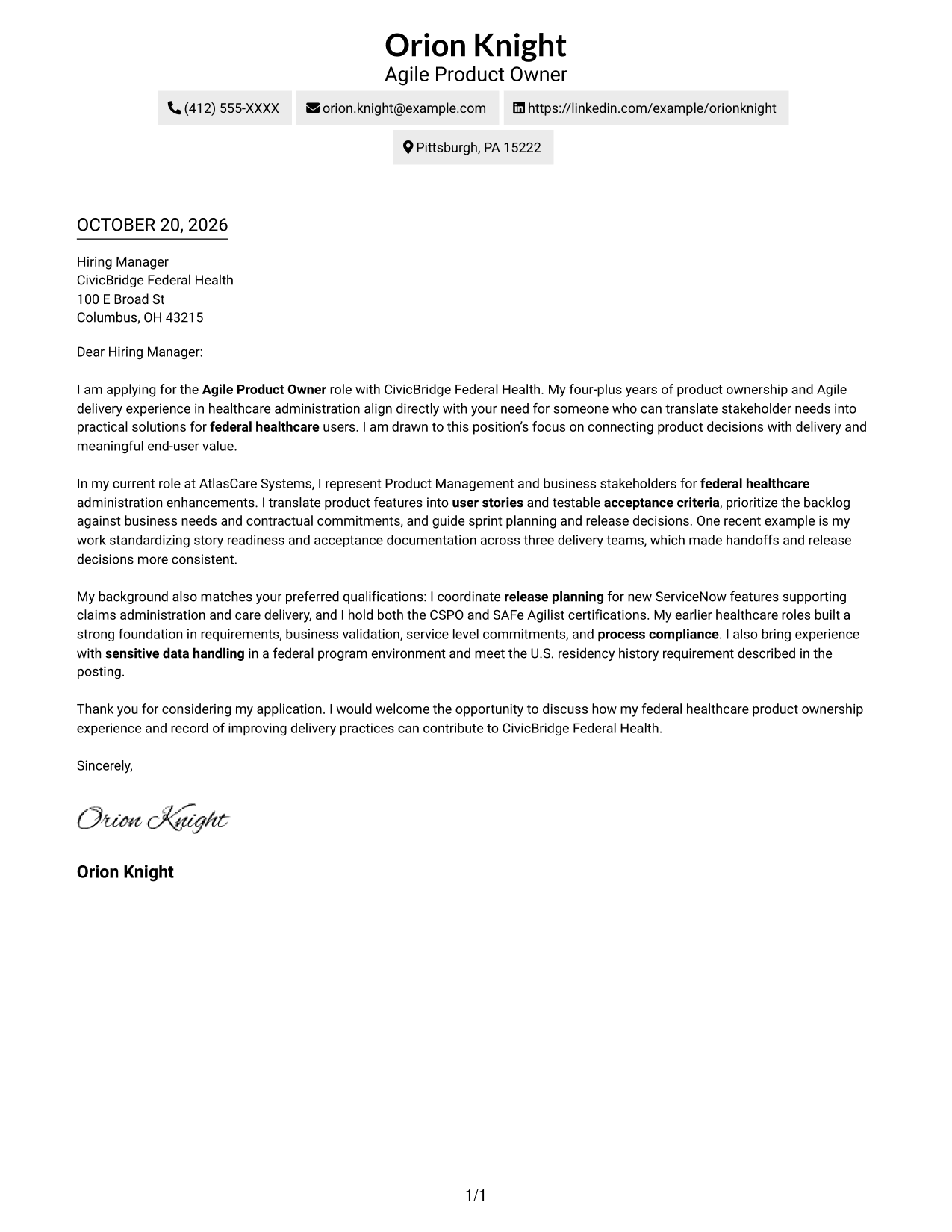 Cover letter example — page 1