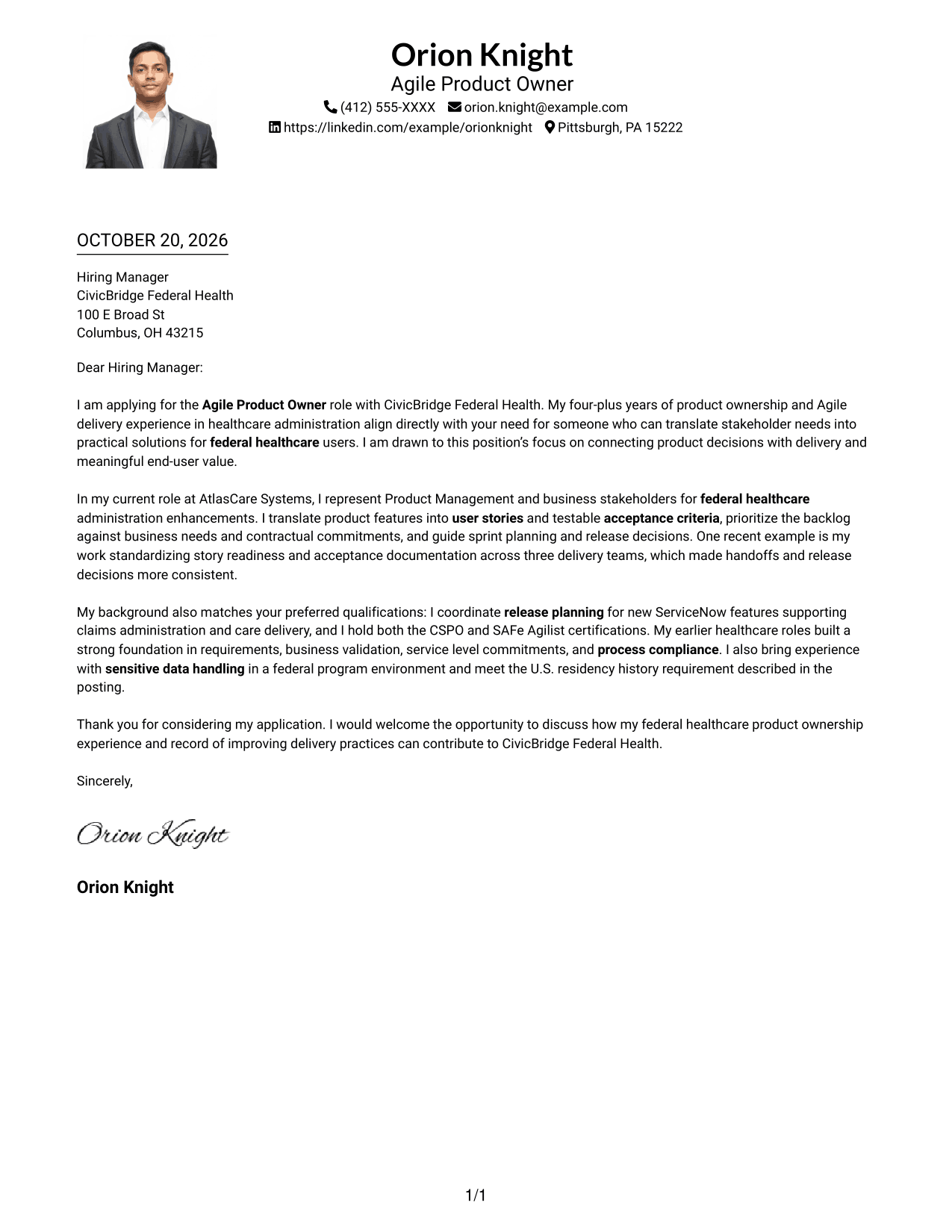 Cover letter example — page 1
