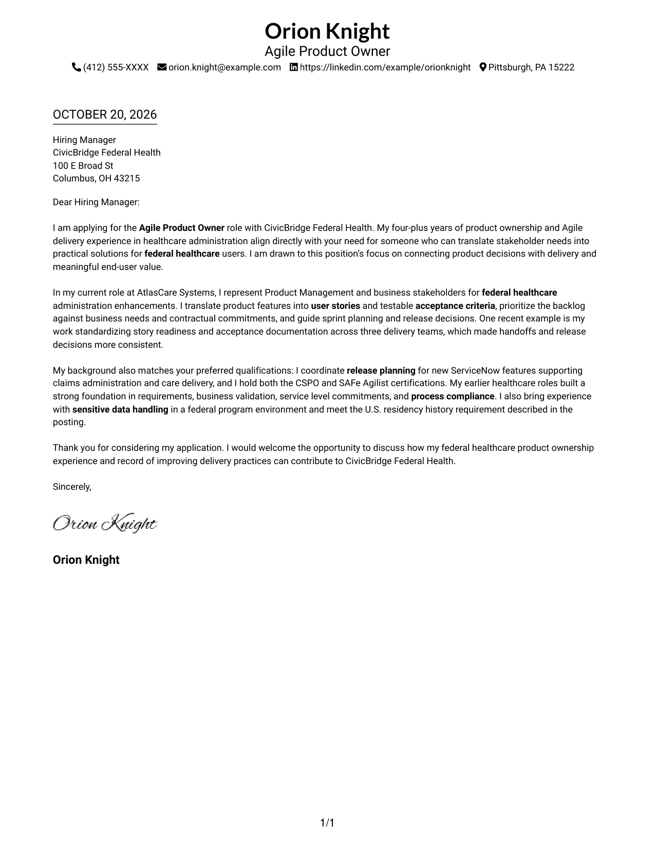 Cover letter example — page 1