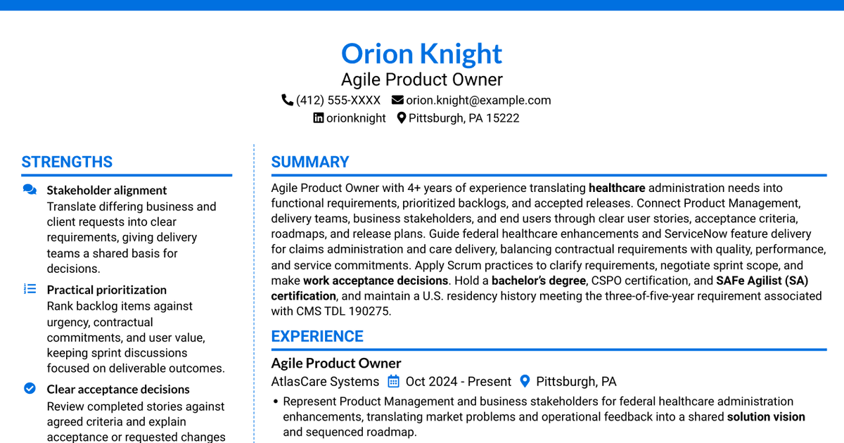 7 Agile Product Owner Federal Healthcare Resume Templates with Example