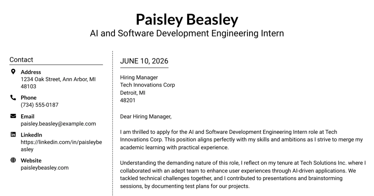 30+ AI and Software Development Engineering Intern Cover Letter Templates with Example 2026