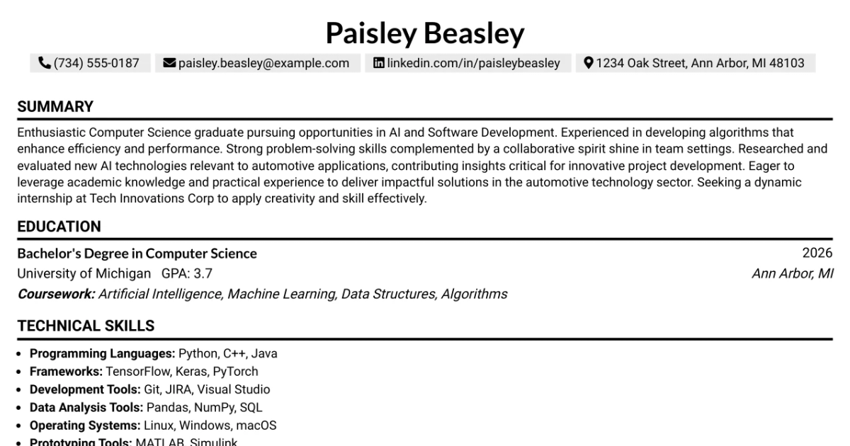 33 AI and Software Development Engineering Intern Resume Templates with Example 2026 (ATS-Optimized)