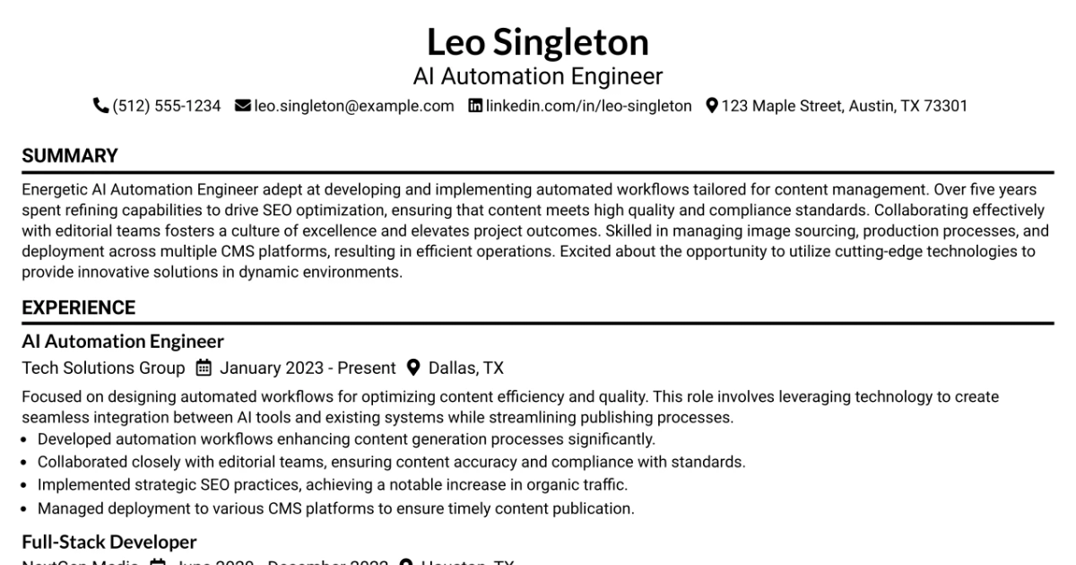 33 AI Automation Engineer / Full-Stack Developer Resume Templates with Example 2026 (ATS-Optimized)
