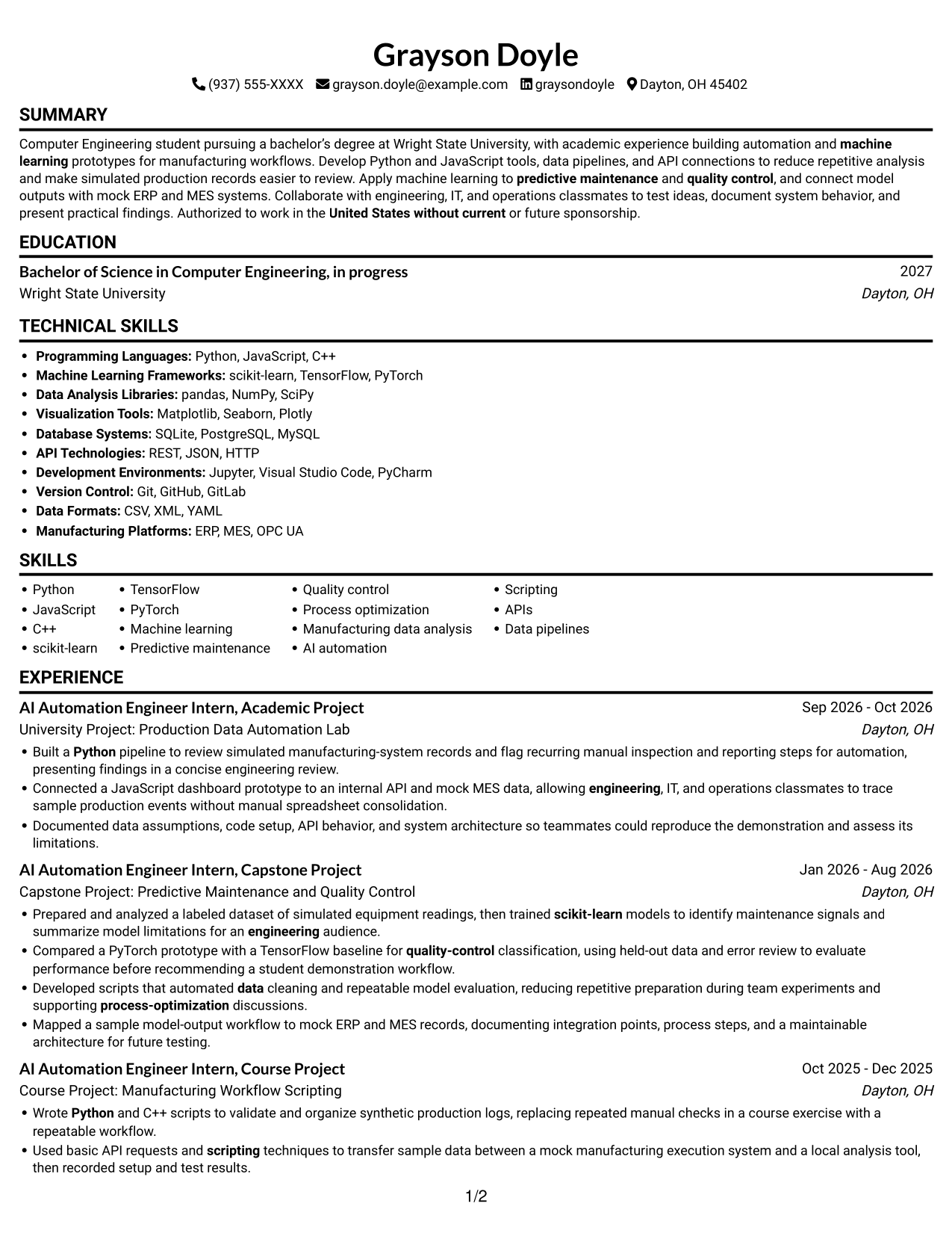 AI Automation Engineer Intern resume, page 1