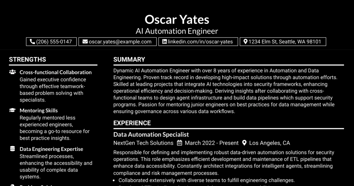 33 AI Automation Engineer, Security Resume Templates with Example 2026 (ATS-Optimized)