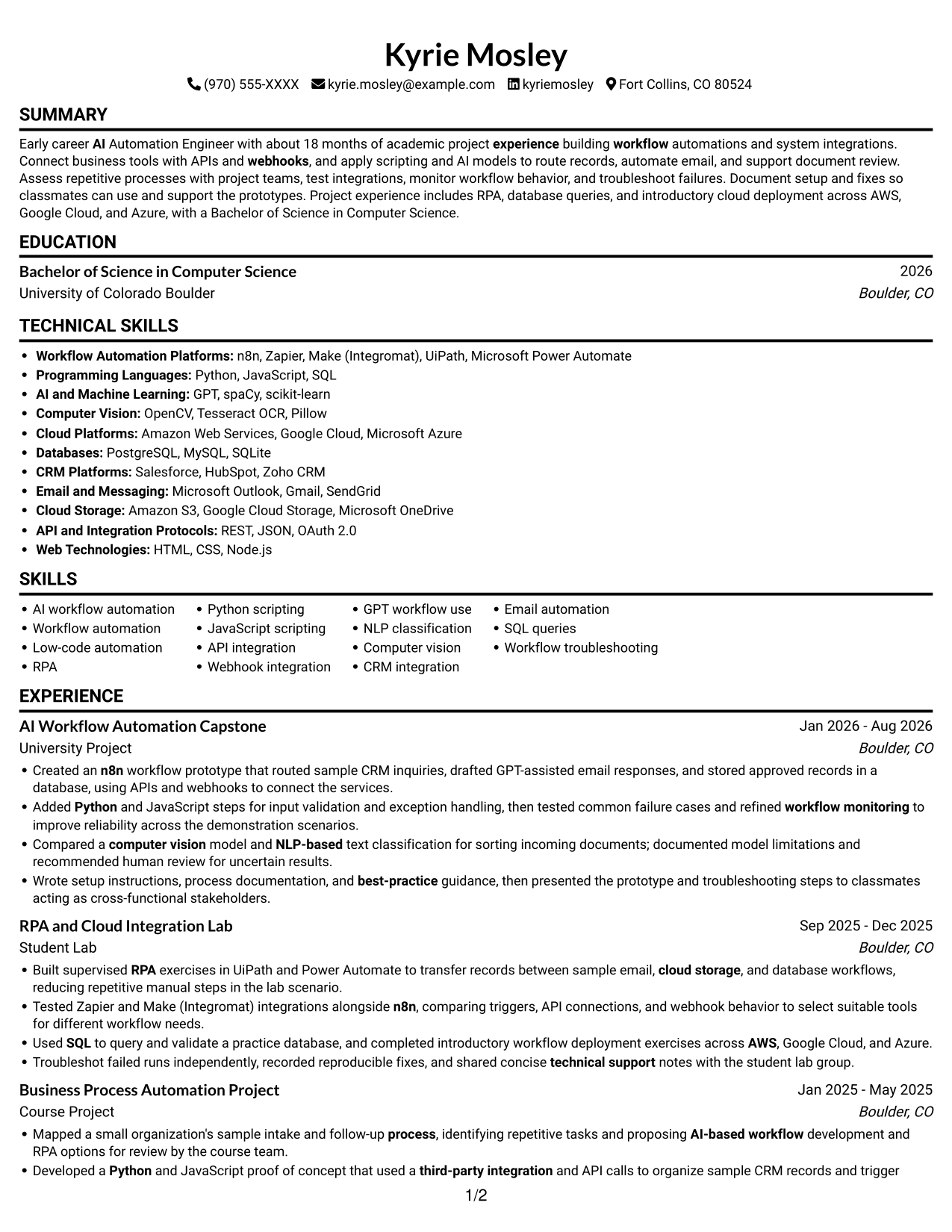 AI Automation Engineer - Workflow Automation resume, page 1