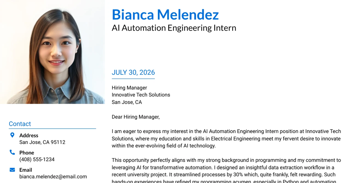 30+ AI Automation Engineering Intern Cover Letter Templates with Example 2026