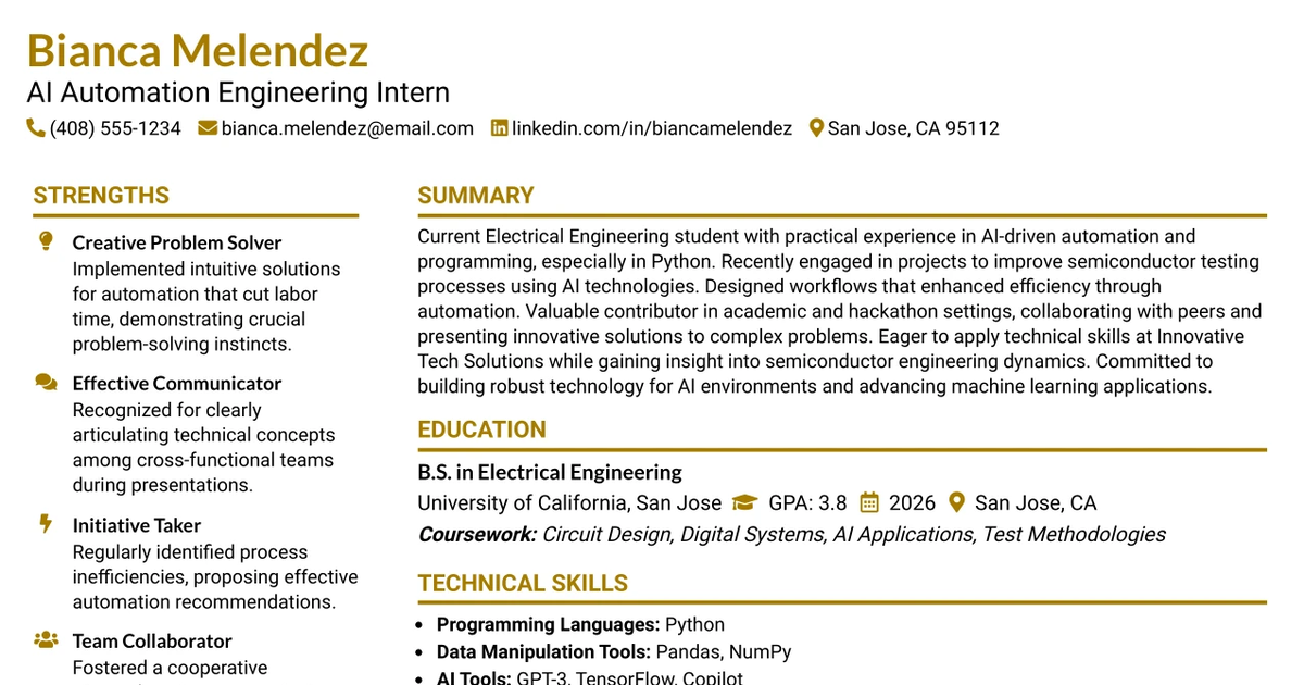 33 AI Automation Engineering Intern Resume Templates with Example 2026 (ATS-Optimized)