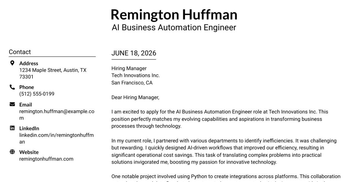 30+ AI Business Automation Engineer Cover Letter Templates with Example 2026