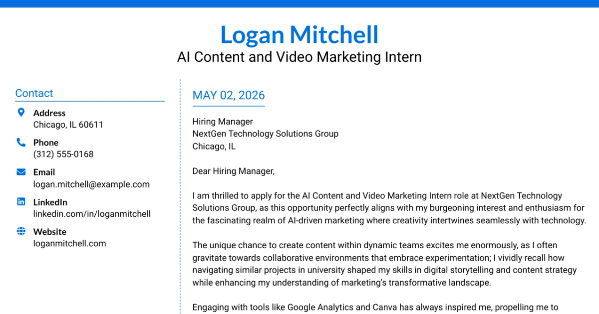 30+ AI Content and Video Marketing Intern Cover Letter Templates with Example 2026