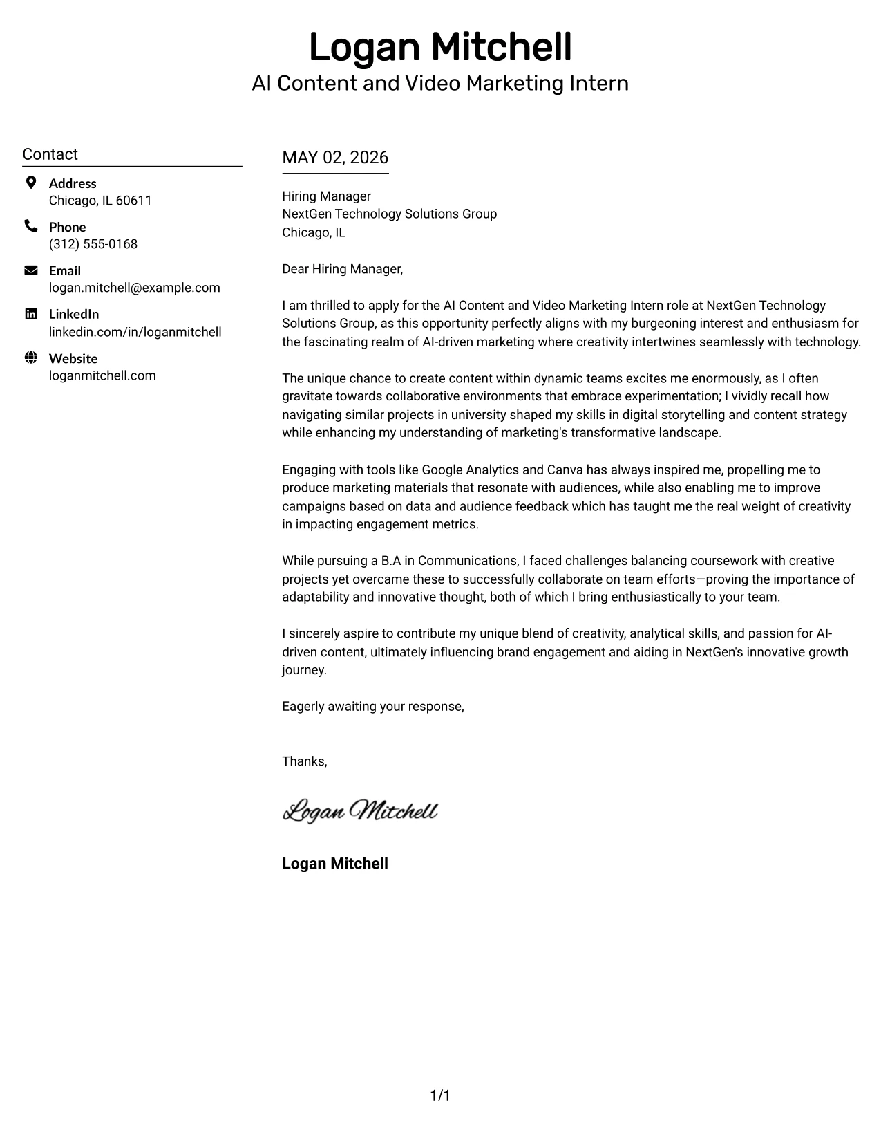 AI Content and Video Marketing Intern Cover Letter Example Plain Two Column Format